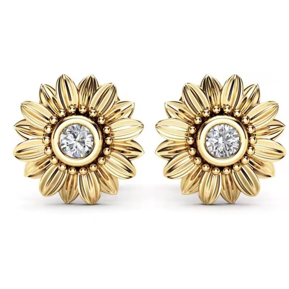 Gold Sunflower Stud Earrings Stainless Steel Crystal Floral Dainty